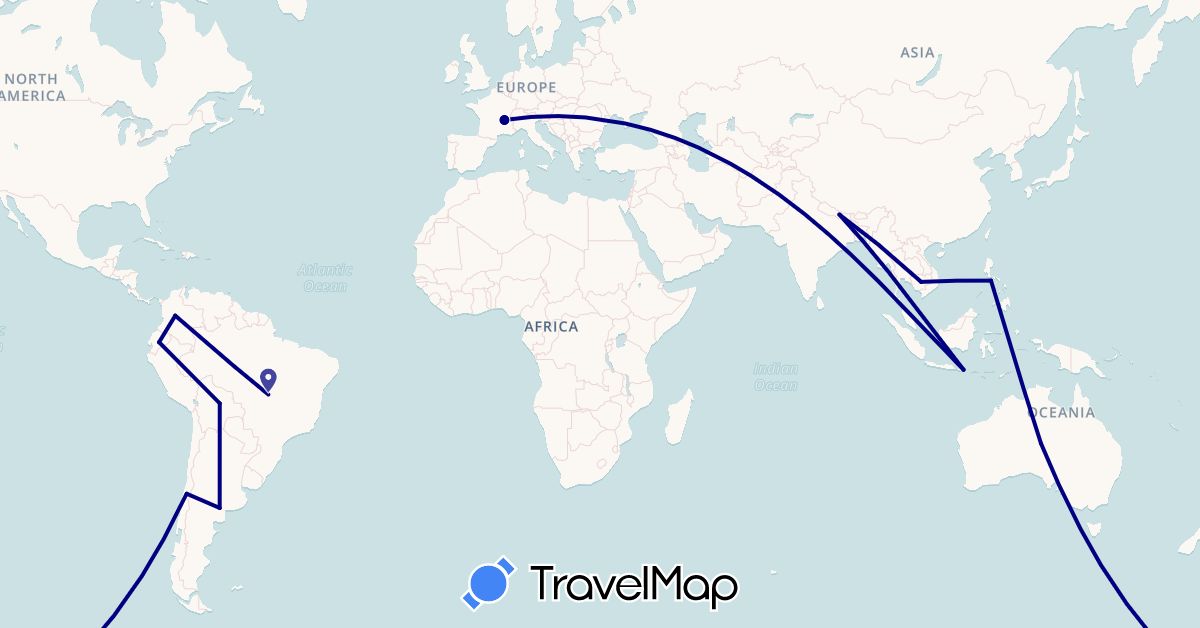 TravelMap itinerary: driving in Argentina, Australia, Bolivia, Brazil, Chile, Colombia, Ecuador, France, Indonesia, Cambodia, Nepal, Philippines (Asia, Europe, Oceania, South America)